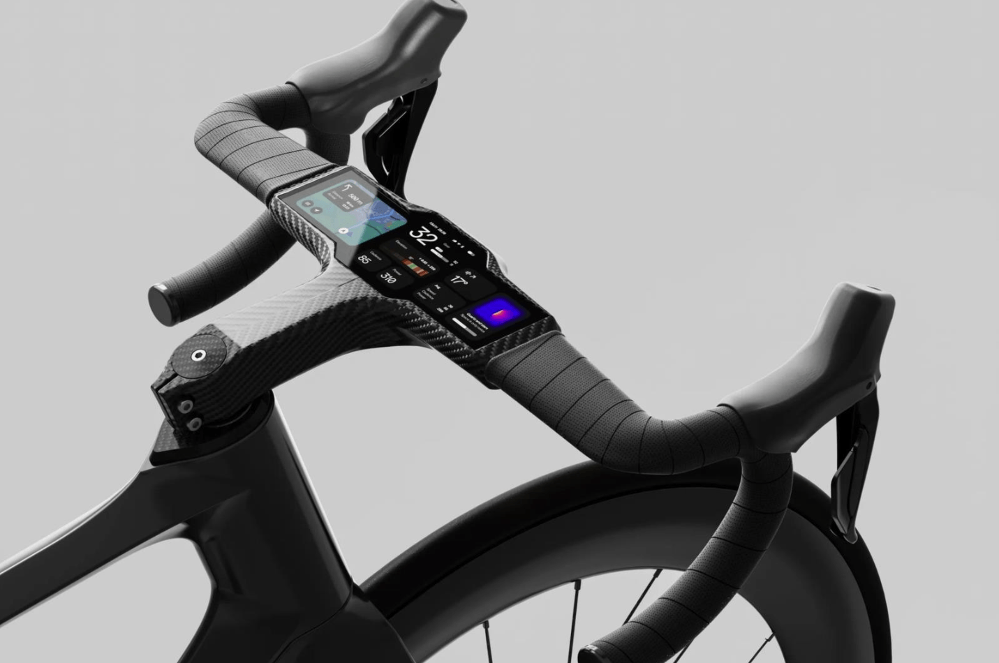 Smart cockpit display showing cycling navigation with weather and air-quality overlays